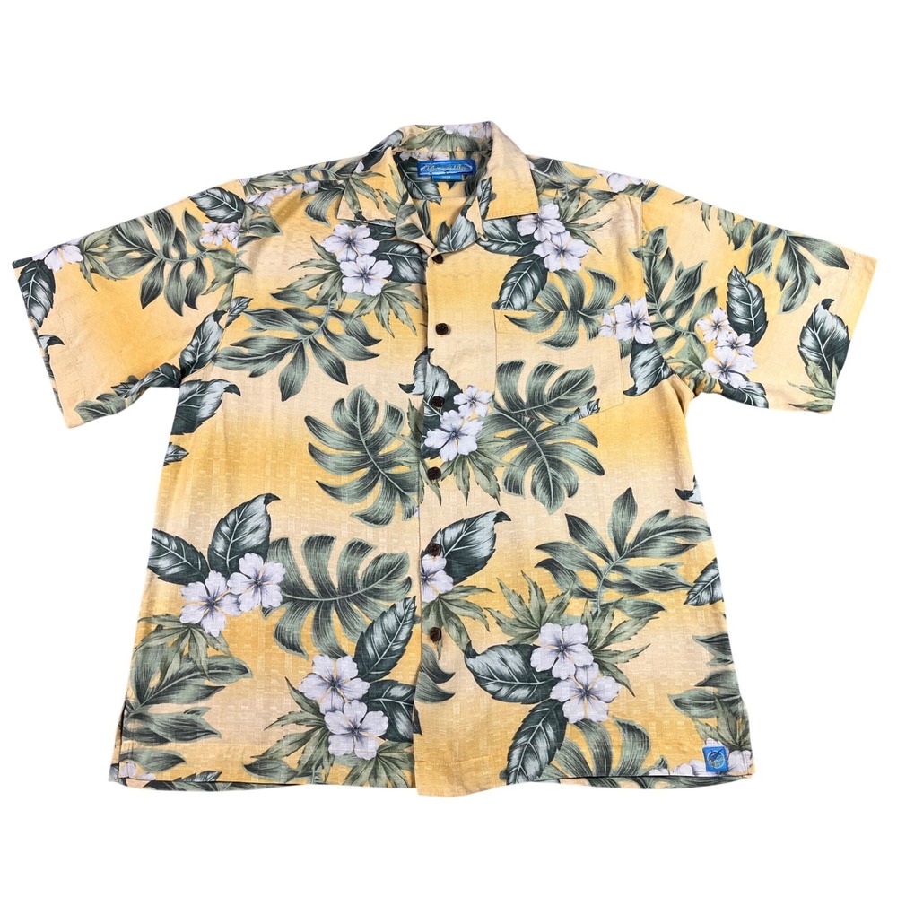 Bermuda Bay Mens‎ Silk Tropical Floral Hawaiian Aloha Shirt Yellow Medium Beach